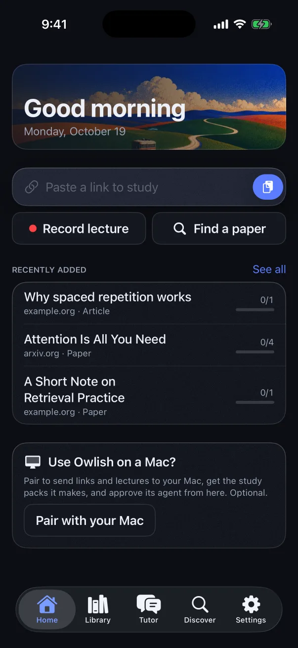 Owlish on iPhone: Home with the capture bar and recently added packs