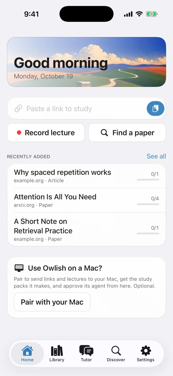 Owlish on iPhone: Home with the capture bar and recently added packs