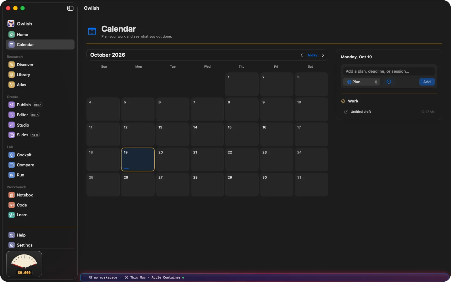 The Owlish calendar: planned sessions and a record of each day’s work