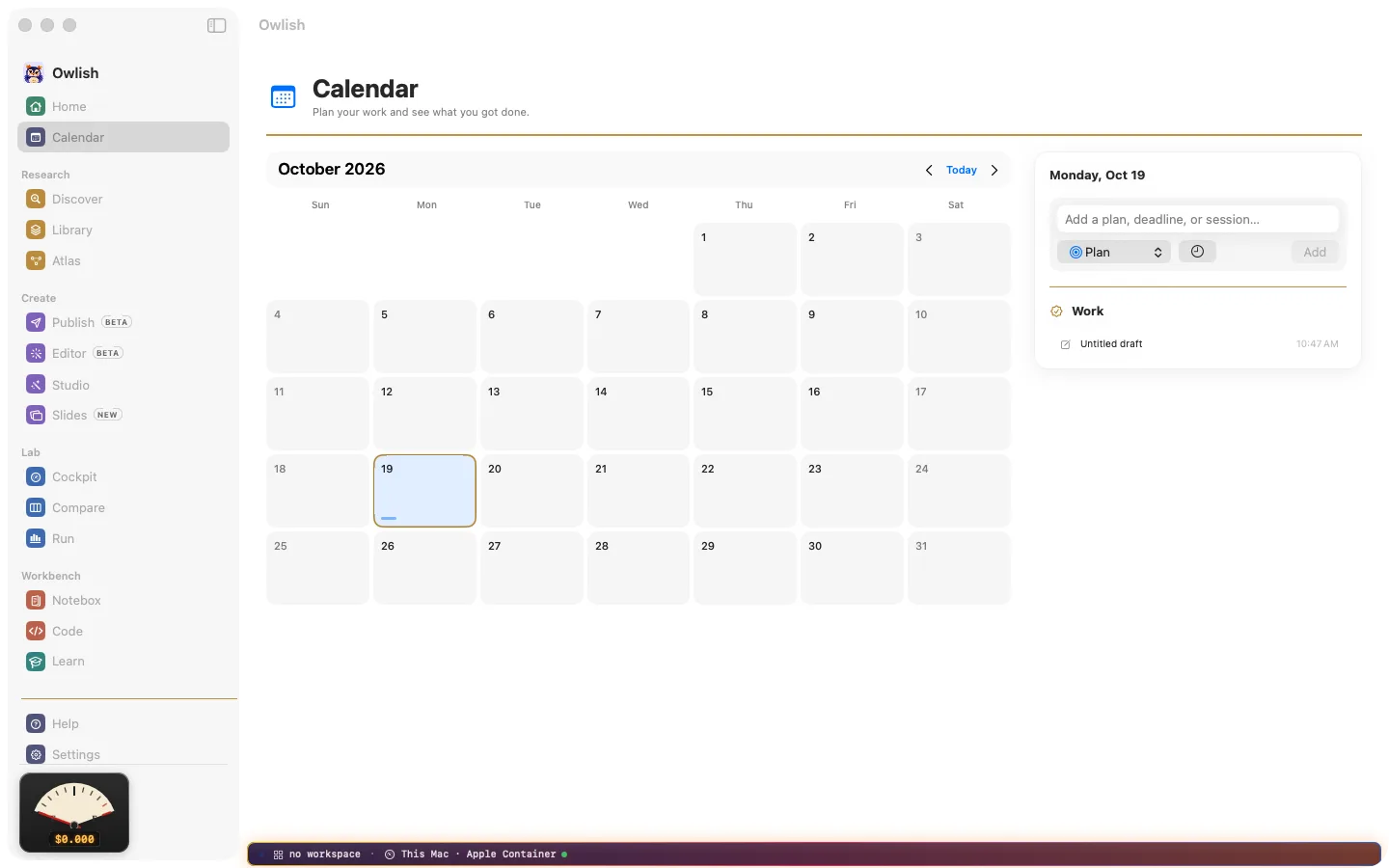 The Owlish calendar: planned sessions and a record of each day’s work