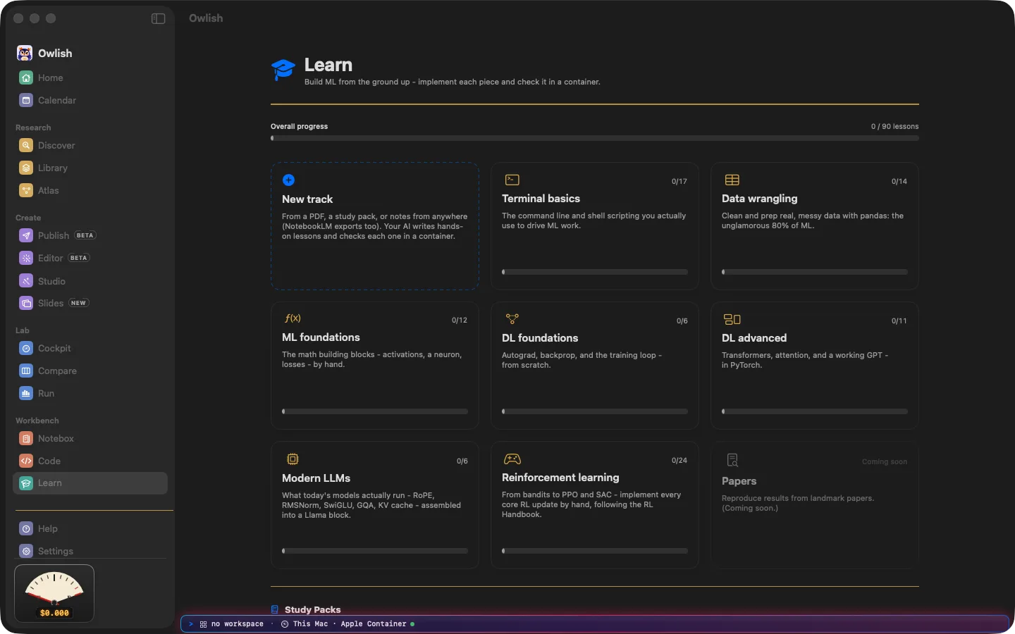 Learn in Owlish: hands-on lessons with code and checks
