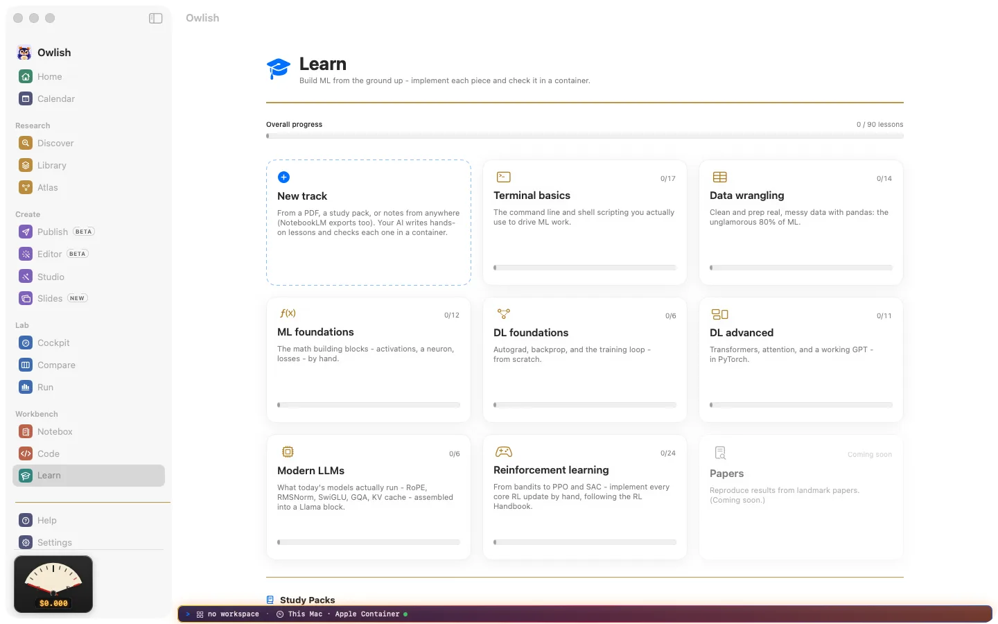 Learn in Owlish: hands-on lessons with code and checks
