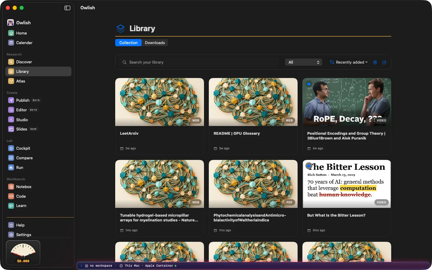 The Owlish library on Mac: papers, YouTube videos and articles, each with a study pack