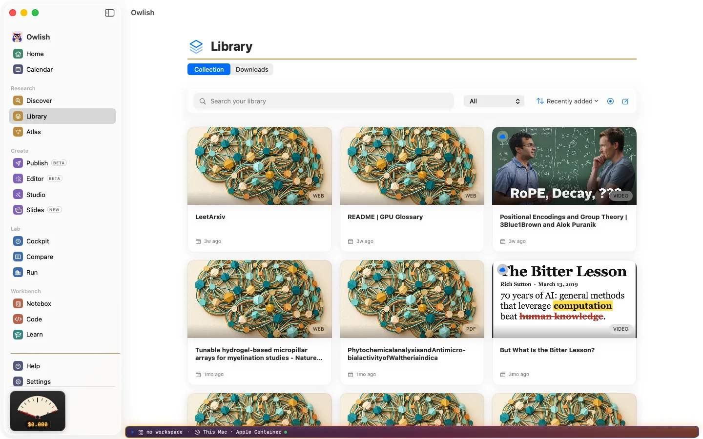 The Owlish library on Mac: papers, YouTube videos and articles, each with a study pack