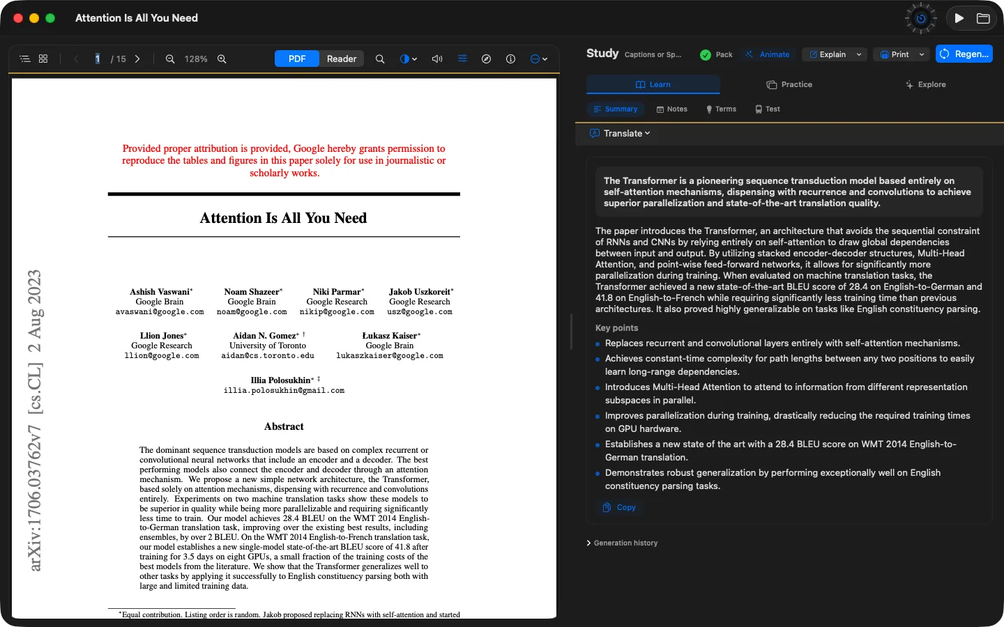 A paper open beside its summary in Owlish