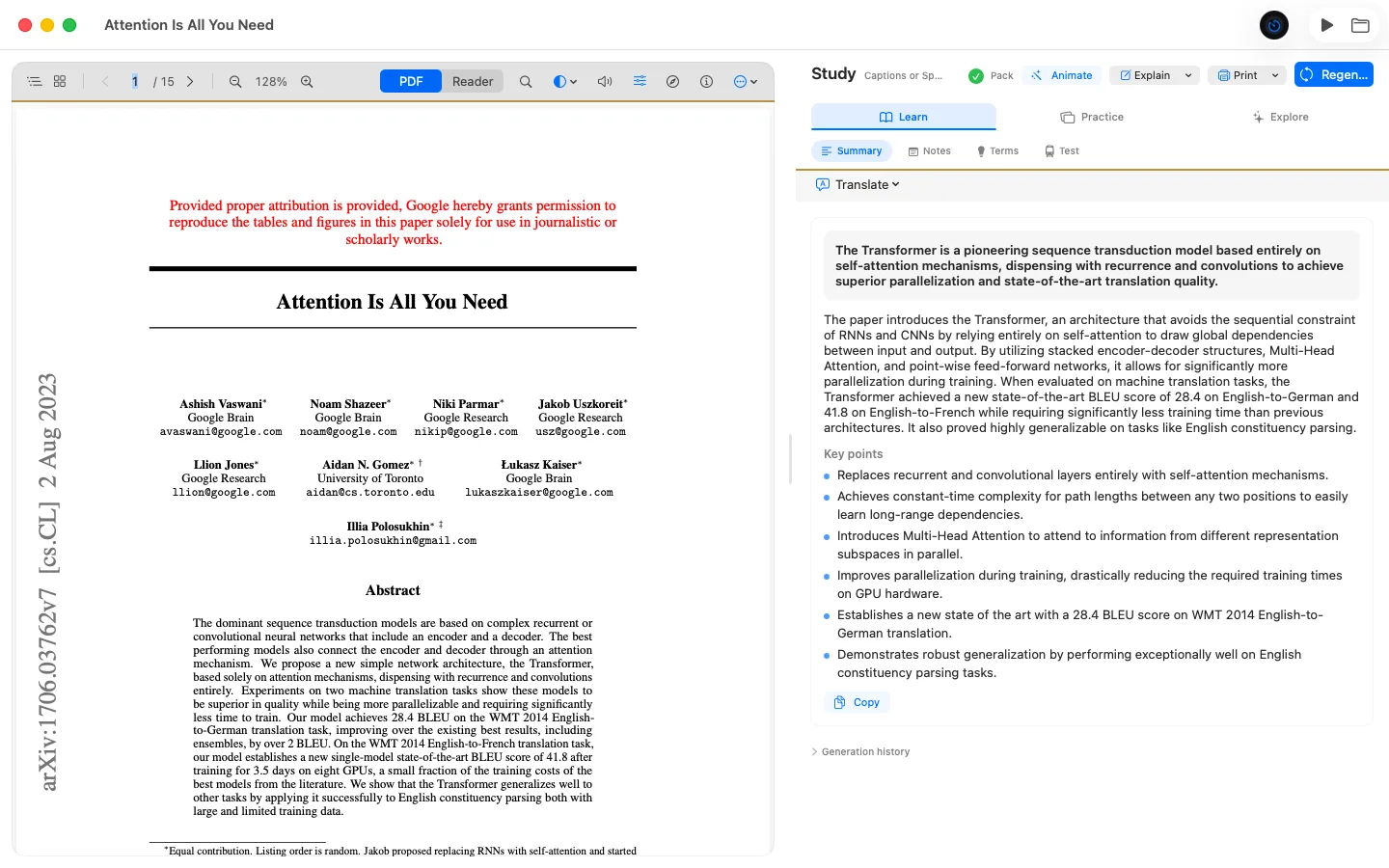 A paper open beside its summary in Owlish