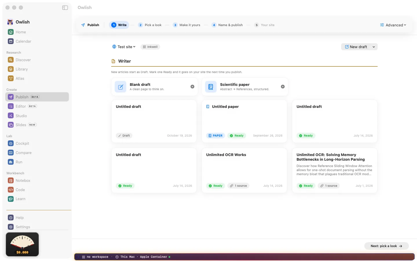 Publish in Owlish: writing a post with sources beside it