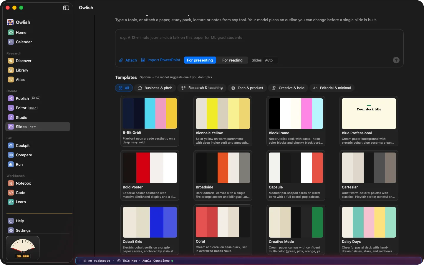 The Slides workspace in Owlish