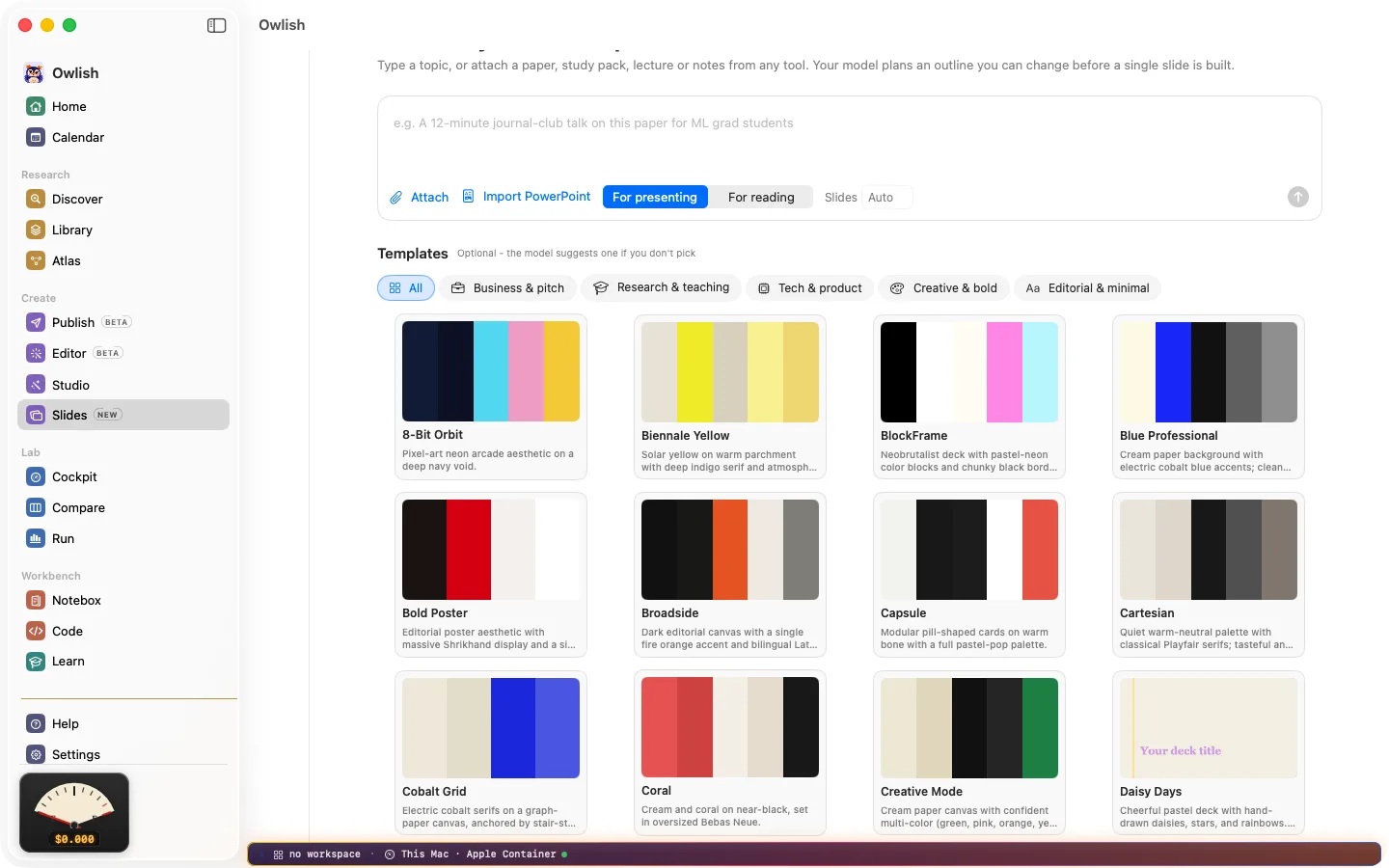 The Slides workspace in Owlish