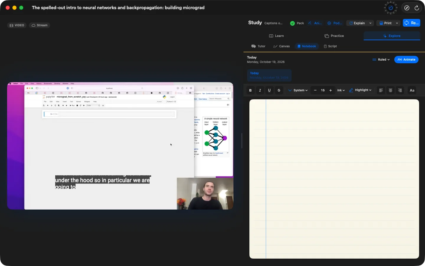A YouTube lecture playing beside a notebook, with the focus timer in the toolbar