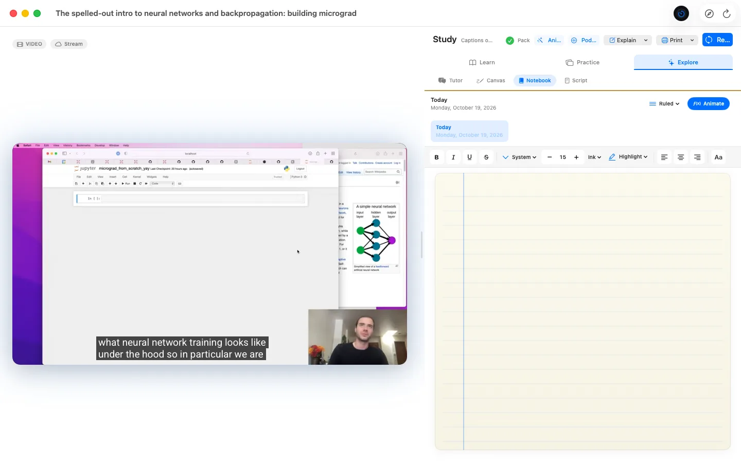 A YouTube lecture playing beside a notebook, with the focus timer in the toolbar